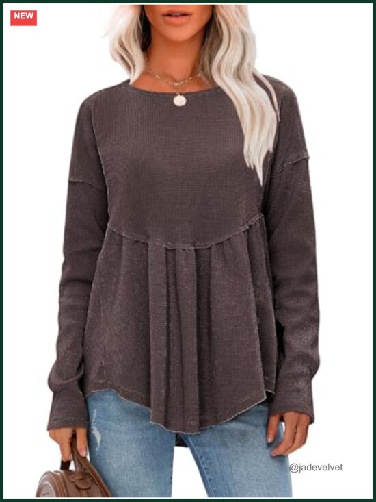 Tops - Womens Waffle Knit Long Sleeve Tunic Crewneck Loose Fit Babydoll Maternity Top